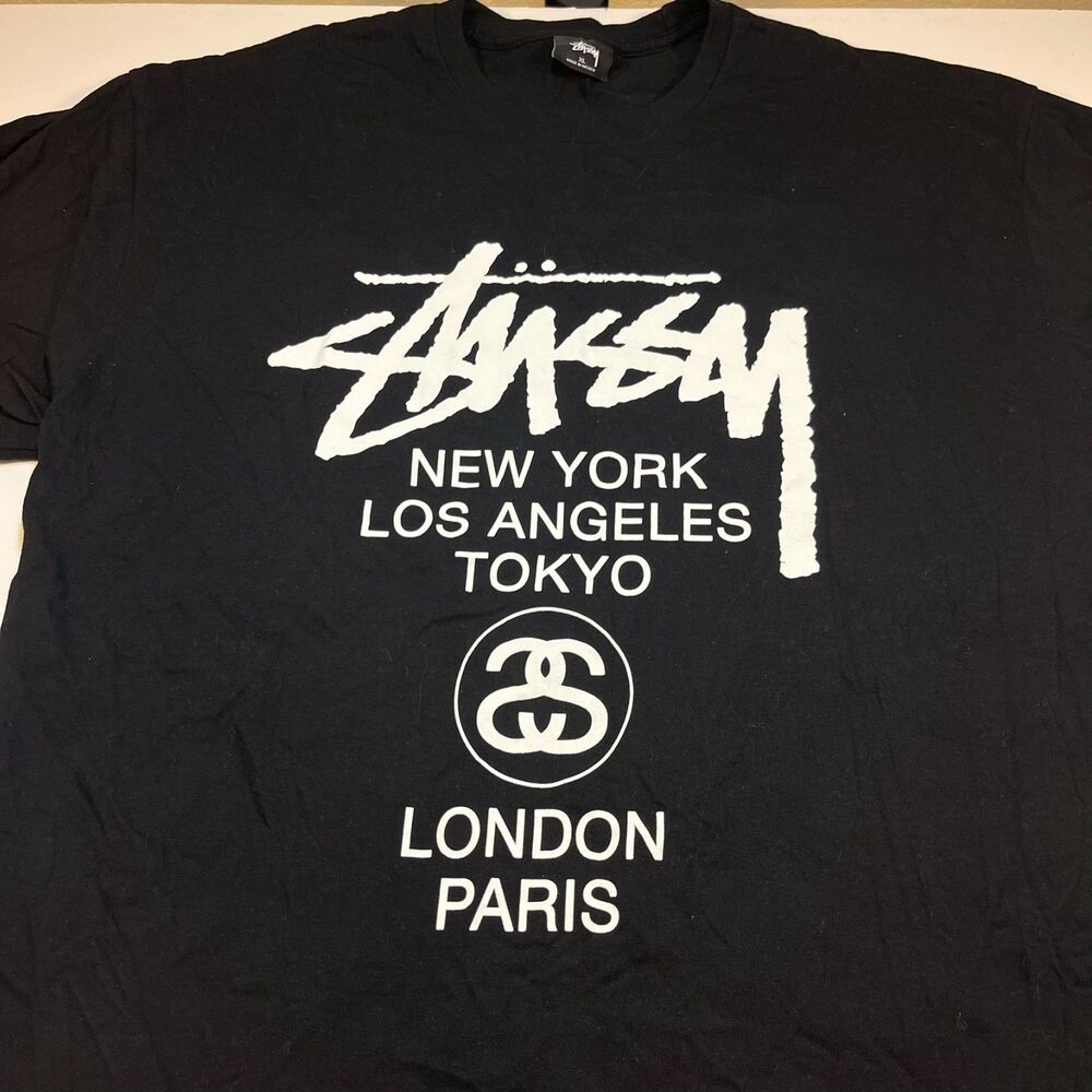 STUSSY World Tour Double Sided T SHIRT Sz Mens XL Black